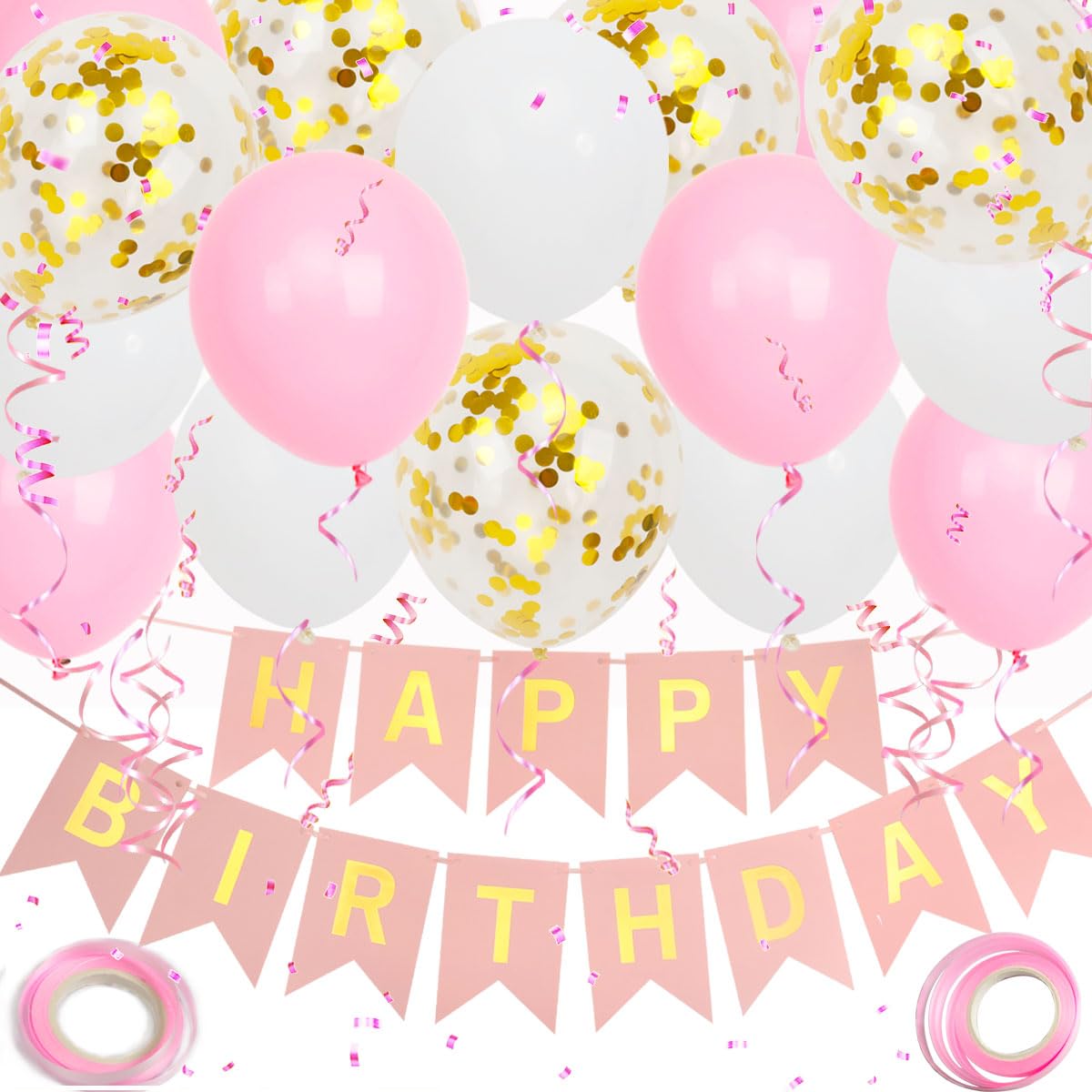 Photo 1 of ***STOCK PHOTO FOR REFERENCE ONLY **Happy Birthday Banner, Pink Birthday Decoration, 16 pcs 12 inch Happy Birthday Balloons with 2 Ribbons for Girl and Women Birthday Party Decoration