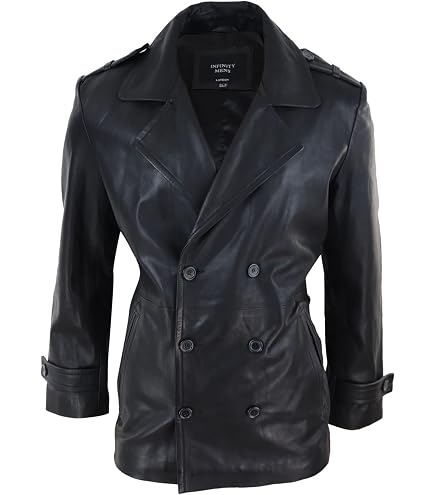 Mens Classic German Navy Military Peacoat Black Cowhide Leather