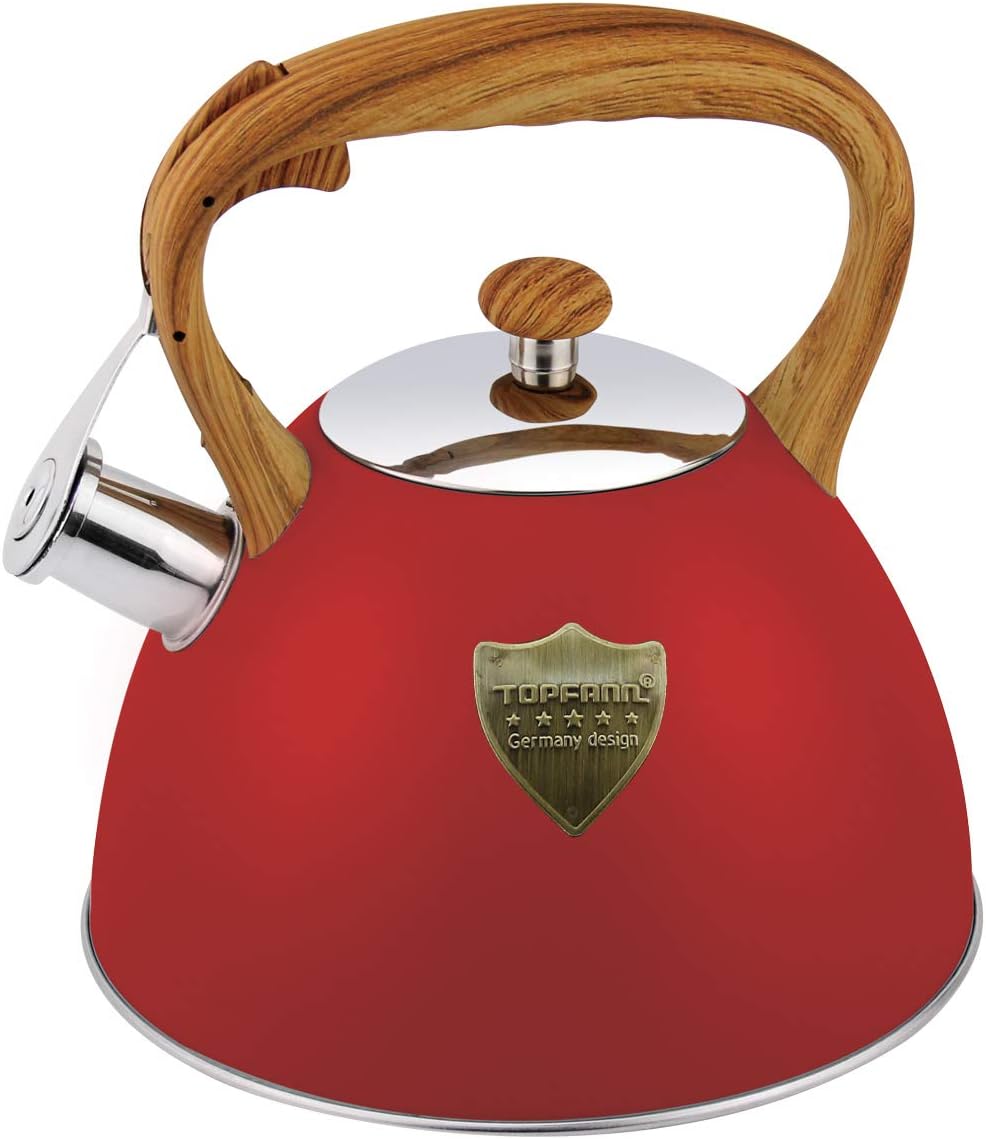 Topfann Stainless Steel Whistling Tea Kettle 3.2-Quart Stove Top Wood Grain Kettle Teapot (GS-04075-3L, Red)