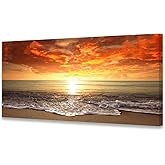 Baisuart S0162 Canvas Prints Wall Art Sunset Ocean Beach Pictures Photo Paintings for Living Room Bedroom Home Decorations Stretched and Framed Seascape Waves Landscape Giclee Artwork 30x60inch