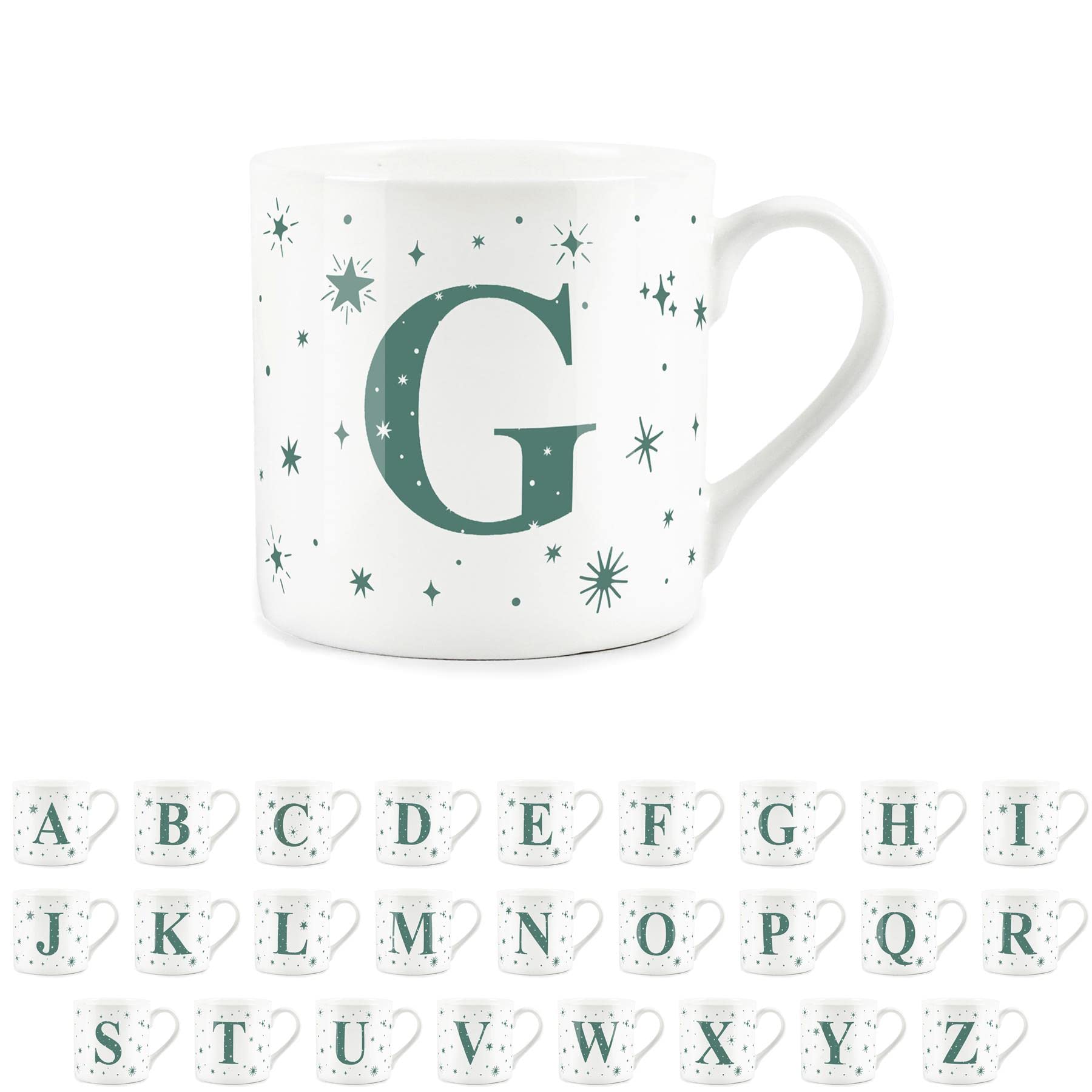 Purely Home Letter G Star Mug - Bone China White Coffee/Tea Present Gift - Alphabet Letter Mug with Stars in Teal Green Blue