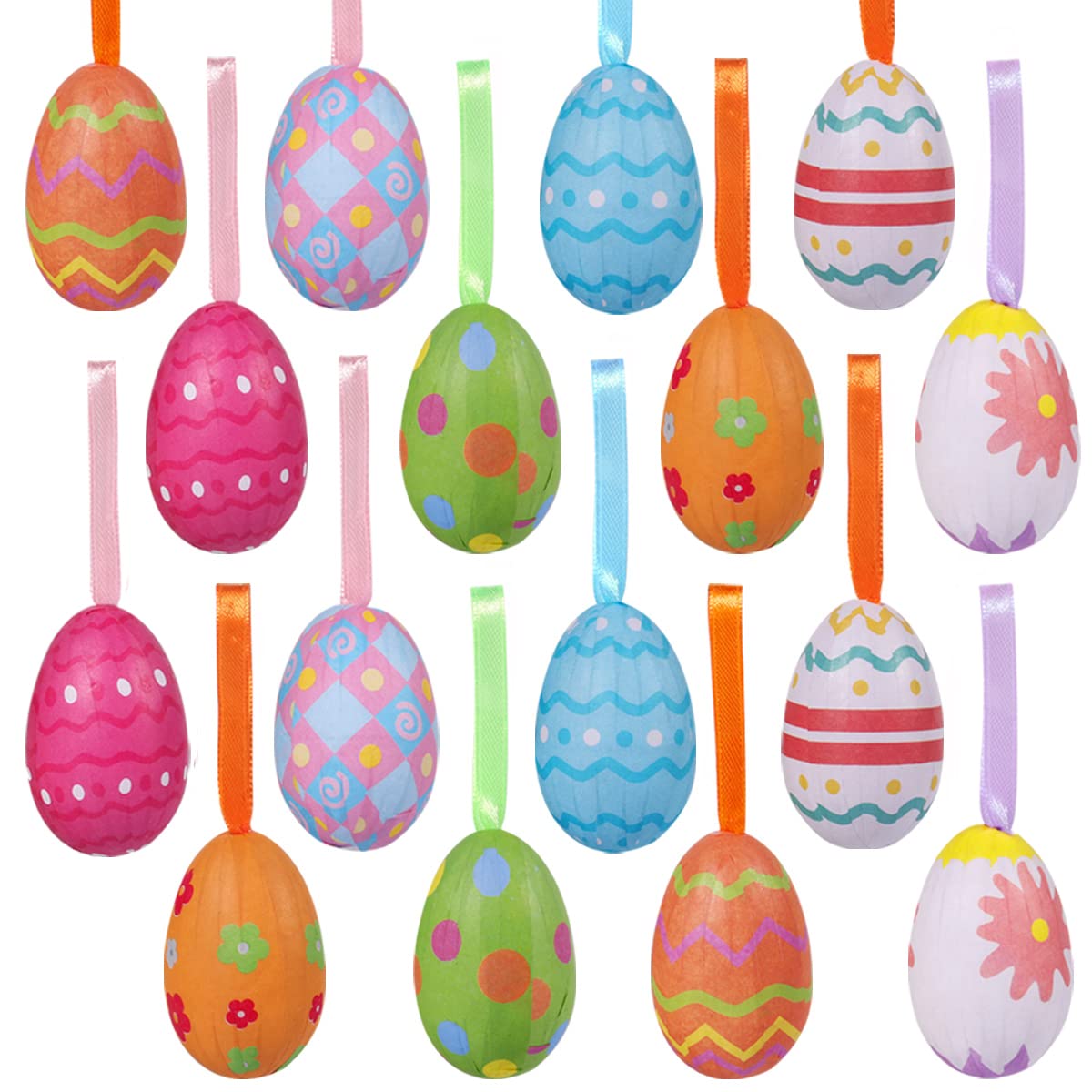 16PCS Easter Hanging Eggs Decoration Easter Hanging Ornaments for Tree, Colorful Paper Mache Eggs Crafts Handmade Foam Egg for Easter Party Favors Supplies Home Decor