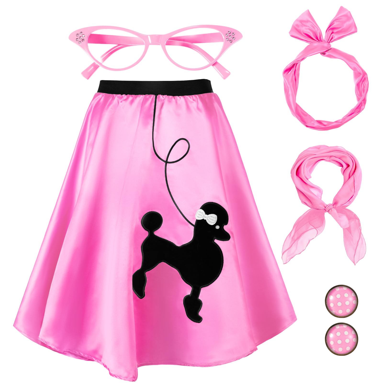 Photo 1 of Hicarer 5 Pcs 50s Women Outfit 1950 Poodle Skirt Sock Hop Costume Accessory Halloween Scarf Glasses Bandana Headband Earring (Pink,Large)