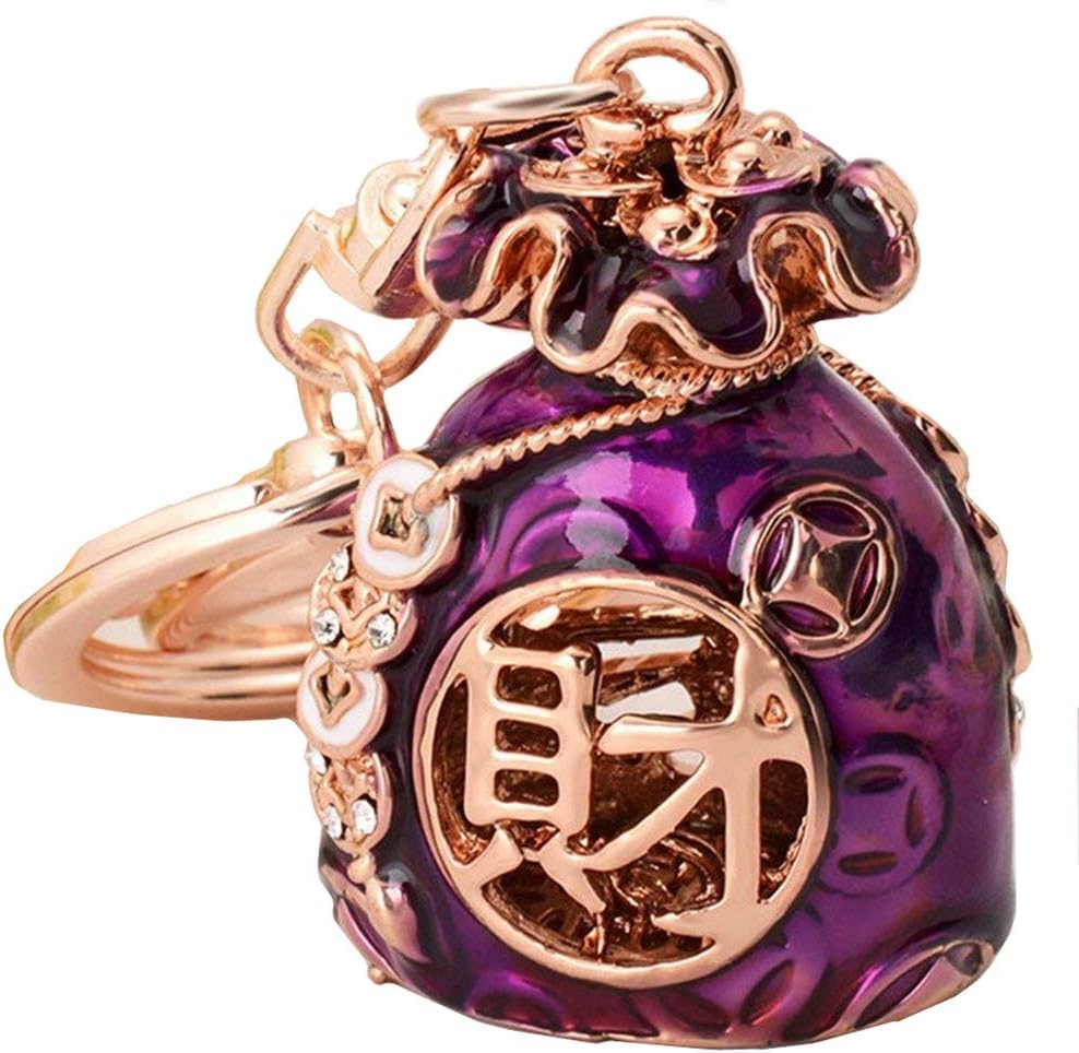 Reizteko Chinese" Happy" Fu Traditional moneybag Keychain Sparkling Flower Keyring Crystal Rhinestones Purse Pendant Handbag Charm (Purple)