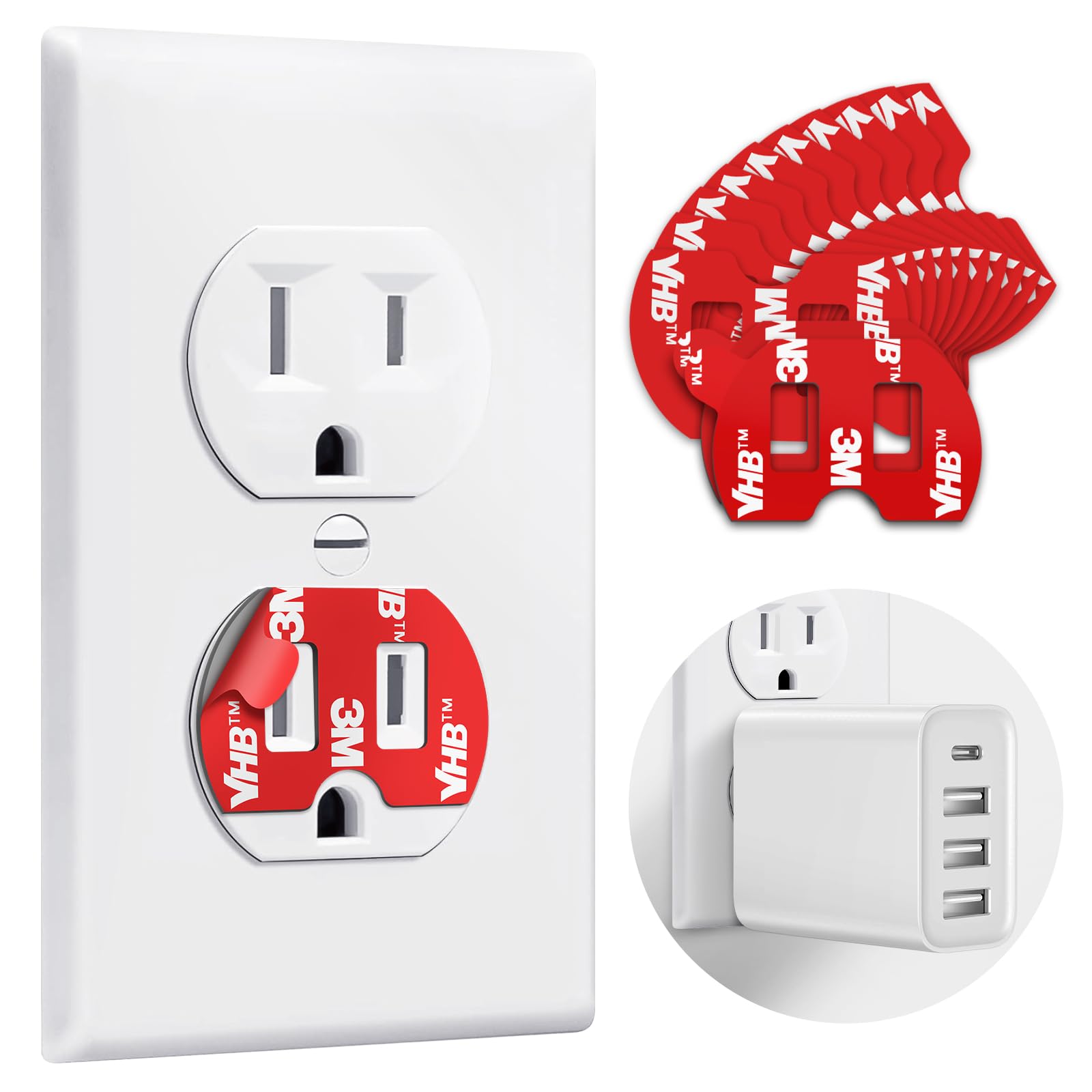 pop-tech Adhesive Stickers for Loose Outlet Plug: 12 Pcs Double Sided Tape Fix Fall Out Wall Socket - 3M Sticky for Smart Home Speaker Mount Holder WiFi Extender Electrical Multi-Outlets Power Adapter