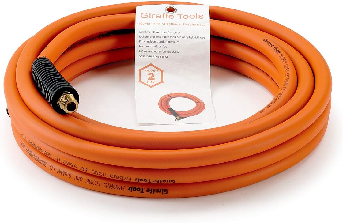 Hybrid Air-Hose 3/8 in. x 50 FT.1/4 in. MNPT Fittings, 300 PSI, Lightweight Flexibility Polymer Hose by Giraffe - - 