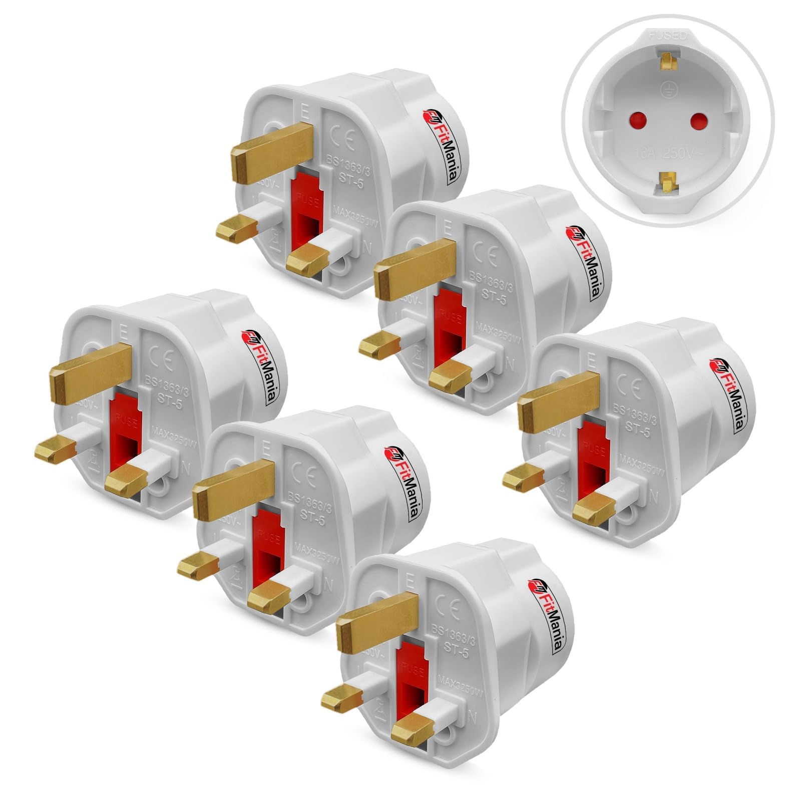 FitMania European to UK Plug Adaptor 6 Pack - EU to UK Plug Adapter EU Travel Adapter for Electric Devices- EU Schuko Type C to G 2 Pin to 3 Pin Adapter Plug UK with 13A Fuse - Eu Plug Adapter to Uk