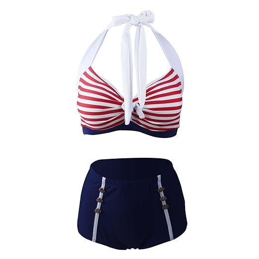 Laorchid 50er Damen Bademode Bikini Set Push Up Hohe Taillen Bauchweg gestreift