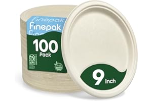 Finepak Compostable Paper Plates 9 Inch，Heavy Duty Paper Plates 100 Pack, Disposable Plates Biodegradable Dinnerware for Everyday Use, Party, Family (Microwave Safe)
