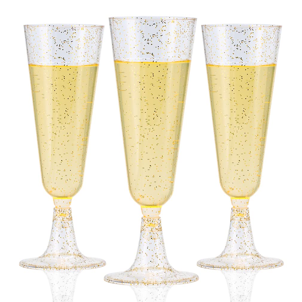 HASERY Plastic Champagne Flutes, 36 Pcs Disposable Wine Glasses, 150ml/5oz Gold, Reusable for Party, Weddings, Birthdays