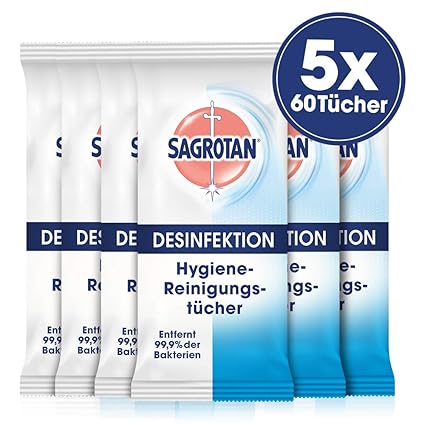 Sagrotan Hygienereinigungstücher – Für die praktische Reinigung und Desinfektion von Oberflächen – 5 x 60 Feuchttücher in wie