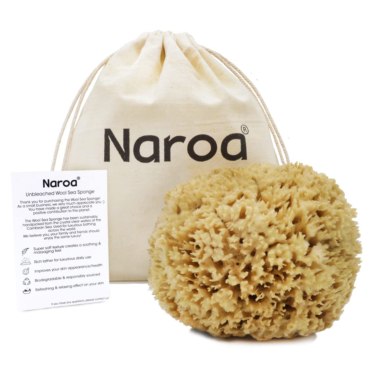 Naroa Soft Wool Sea Sponge | Natural Unbleached Shower Pouf Hypoallergenic Body Massage Bathing