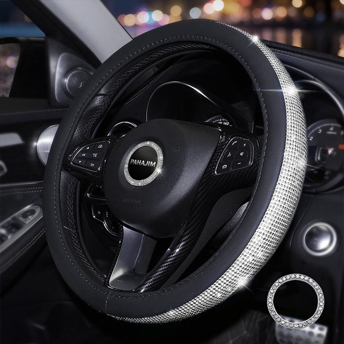 Pahajim Car Steering Wheel Covers with Sparkly Diamond,Glitter Diamante Steering Wheel Wrap Bling Accessories for Women Ladies (black-white)