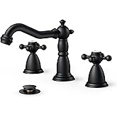 FORIOUS Matte Black 3 Hole Brass Vintage Farmhouse Bathroom Faucet, 8 Inch Widespread Bathroom Faucets 2 Cross Handles with Metal Pop Up Drain and Supply Hoses, for RV Vanity