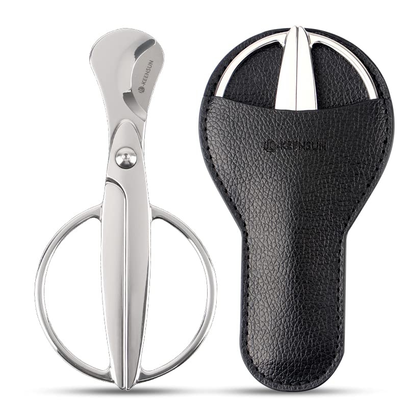 KEENSUN Cigar Scissors Cutter, Stainless Steel Guillotine Double Blade Straight Cut Scissors (Silver) with Leather Case Cigar Accessories for Cigars (2.75" Handle Width)