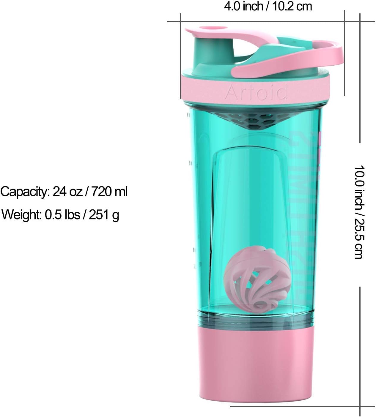 Artoid Mode 720ml Sports Fitness Workout Protein Shaker Bottle Aqua Pink with Twist and Lock Protein Box Storage with Shaker Balls Mixing Grids - Image 5