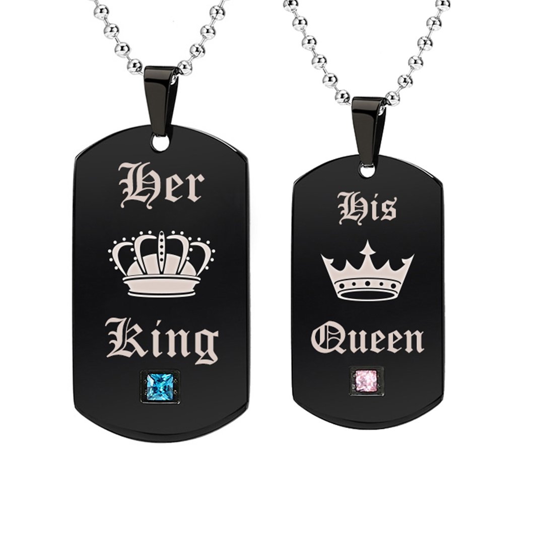 Gagafeel His Hers Couple Necklace Titanium Stainless Steel Pendant Crown Tag Queen & King Matching Set Gift for Lover (A pair)