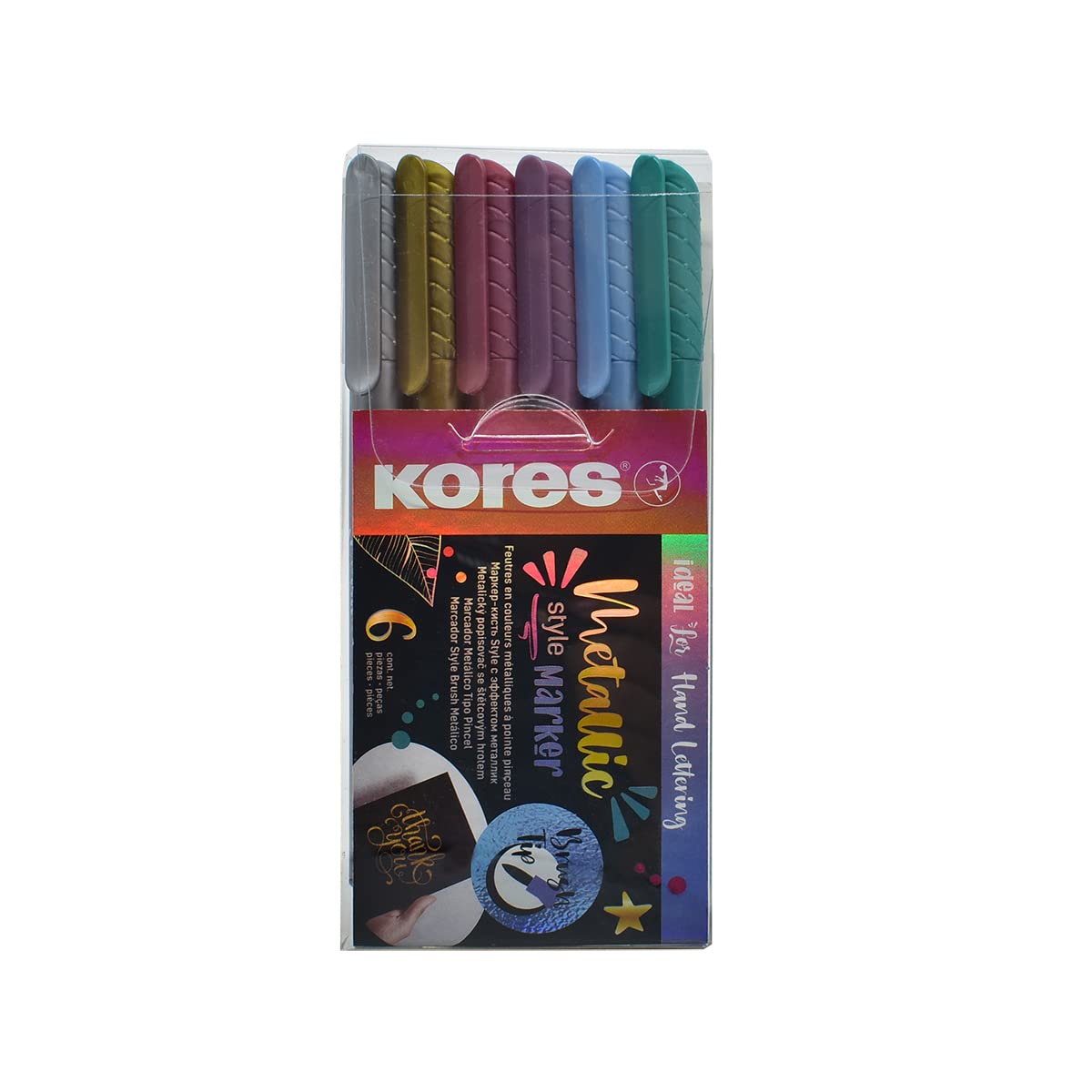 Kores - Metallic Style Brush Tip Marker - Brush Tip Marker Pens - Soft Brush Tip, Water Based Ink - Colouring Pens, Brush Pens for Colouring, Art Supplies, Pastel Stationery - Set of 6 — image 1