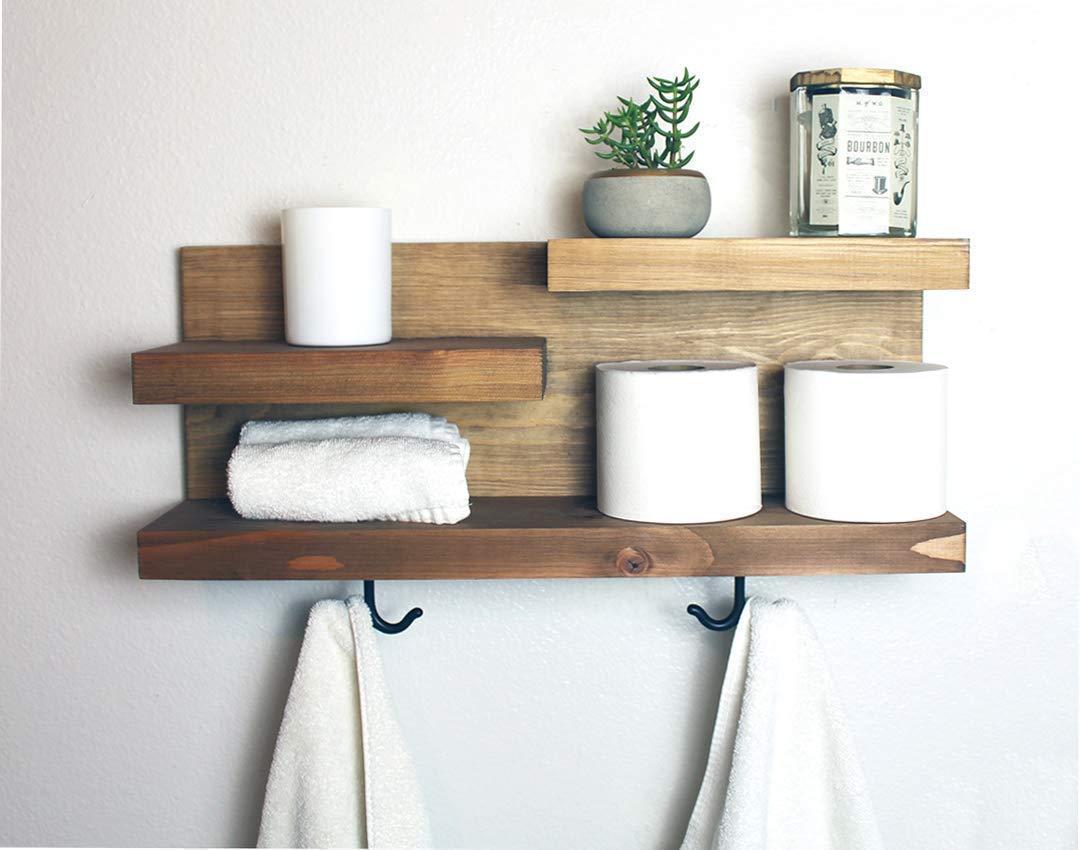 Modern Farmhouse Bathroom Shelf with Towel Hooks Handmade