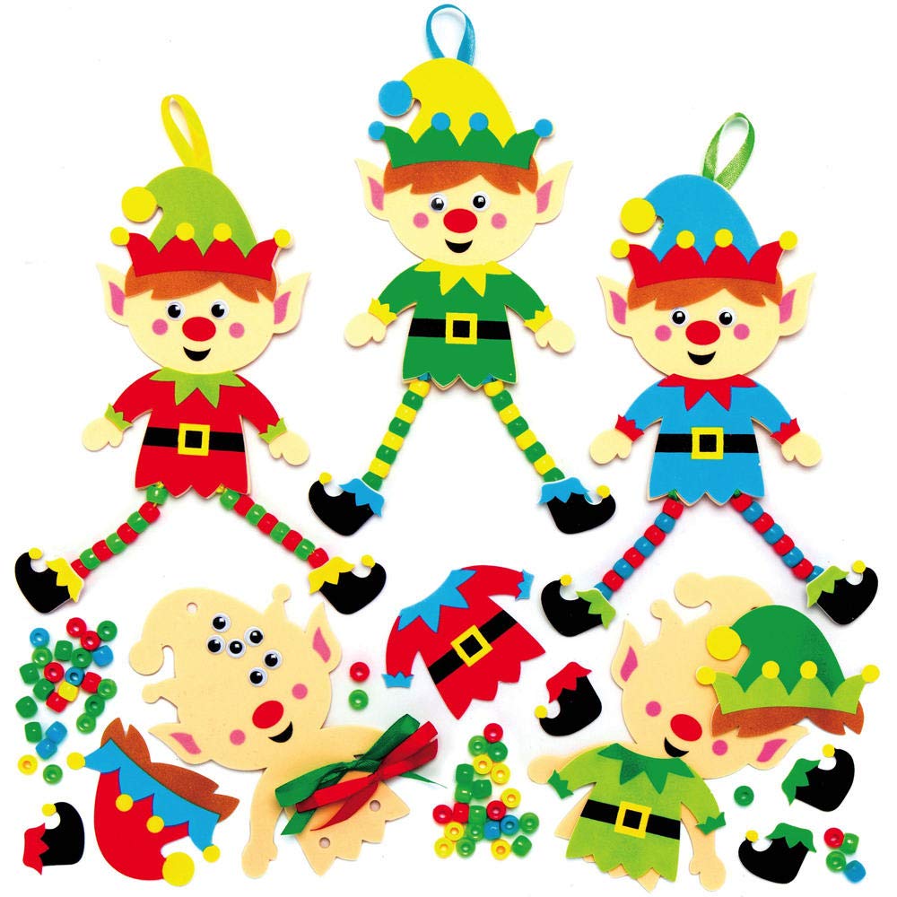 Baker Ross AX398 Christmas Tree Elf Decoration Kits - Pack of 5, Creative Xmas Art and Bead Craft Supplies for Kids to Make and Decorate, Elf