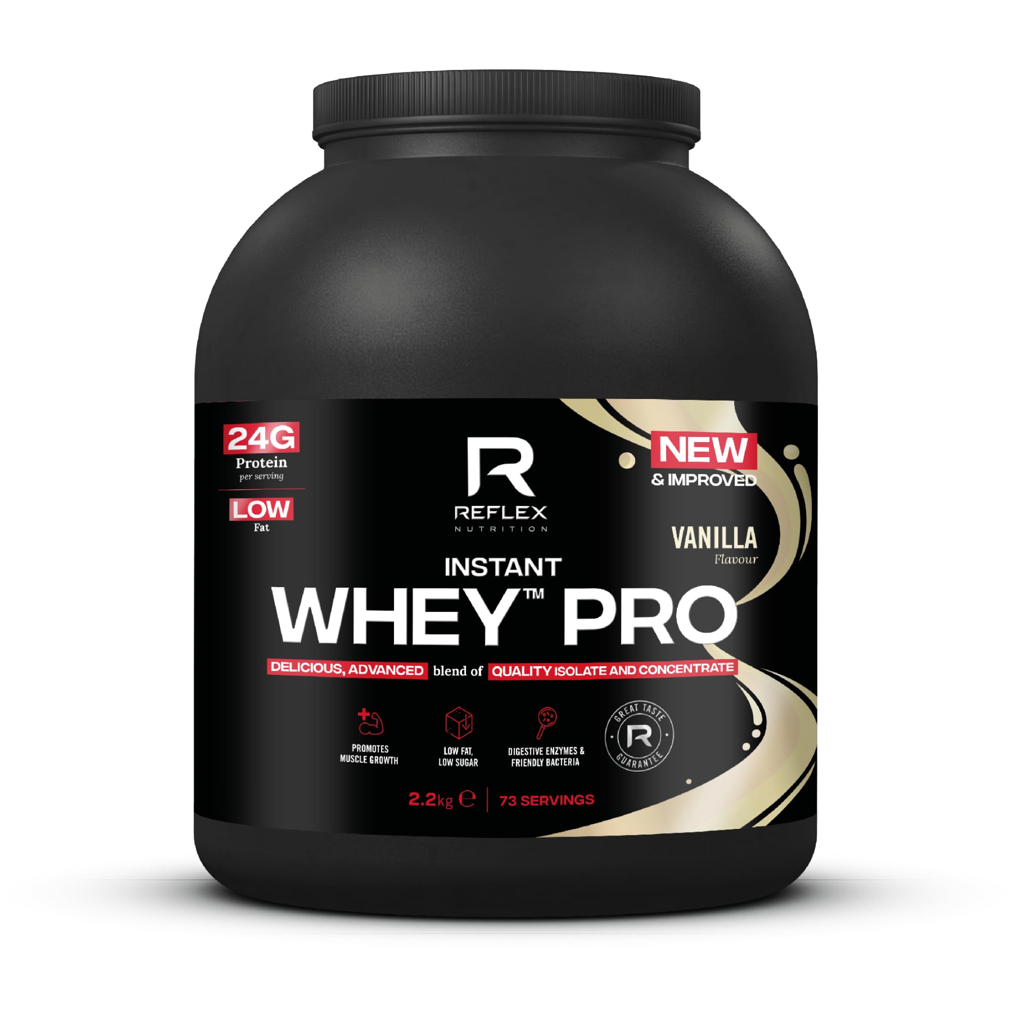 Reflex Nutrition Instant Whey™ Pro - 80% Whey Protein Powder, Low Fat, Low Sugars - Thin Textured Protein Shake for Post Workout Muscle Growth or Tasty Protein Snack (Vanilla, 2.2kg, 77 servings)