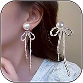 Peal Bow Dangle Earring for Women Ribbon Pearl Bowknot Earrings Small Pearls Beaded Bow Earring Trendy Christmas Jewelry Gifts