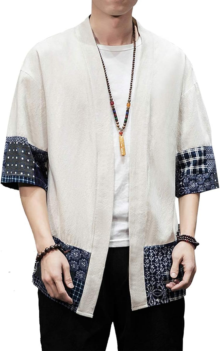 PRIJOUHE Men's Kimono Jackets Cardigan Lightweight Casual Cotton Blends Linen Seven Sleeves Open Front Coat Outwear at  Men’s Clothing store