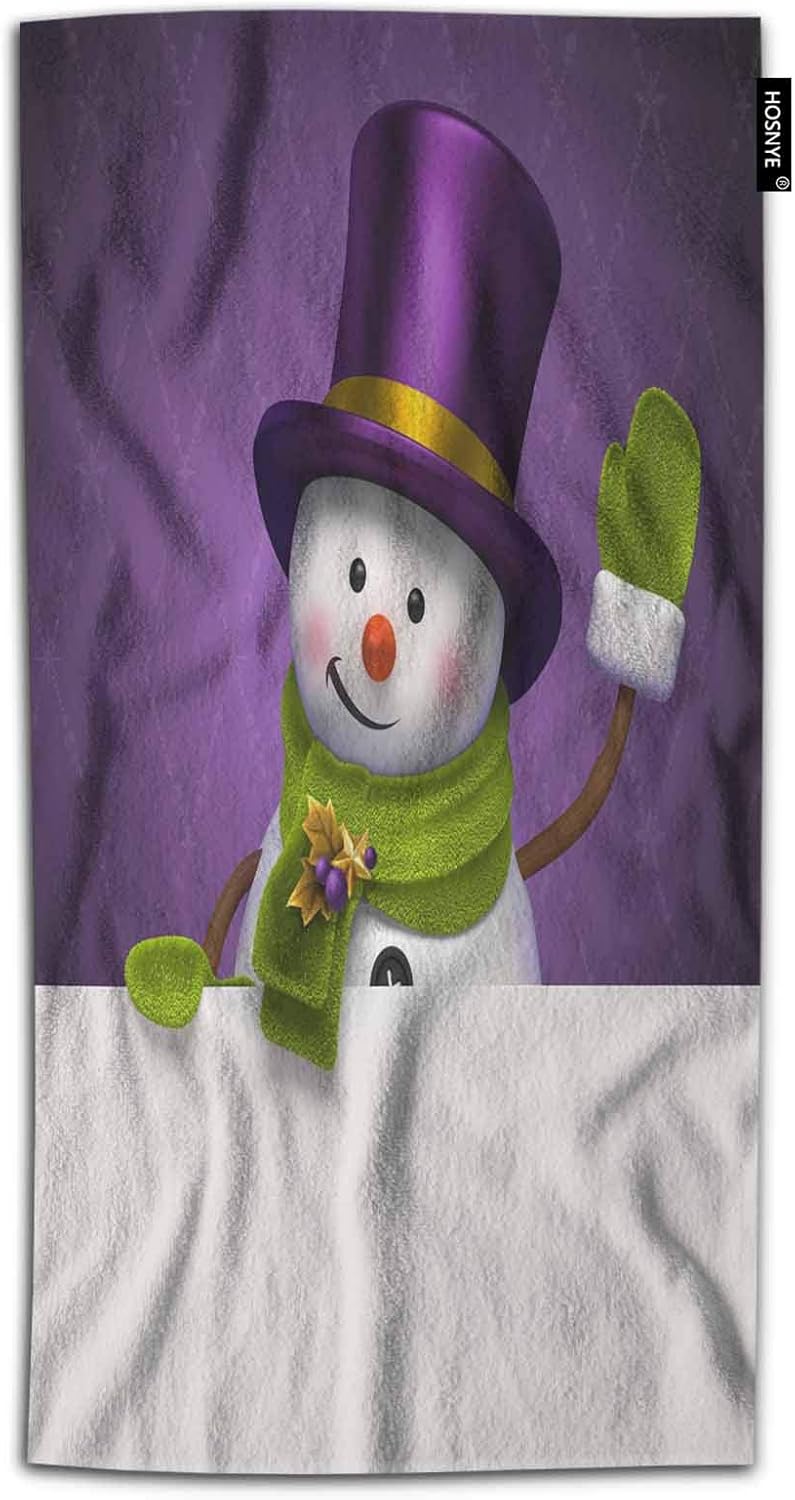 HOSNYE Snowman Hand Towel for Bathroom New Year Christmas Winter Funny Snowman Purple Top Hat Greeting Hello Absorbent Soft Towels for Beach Kitchen Spa Gym Yoga Face Towel