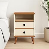 Mesa de cabeceira retrô pés em madeira 2 gavetas -Alamo- Off white/nature