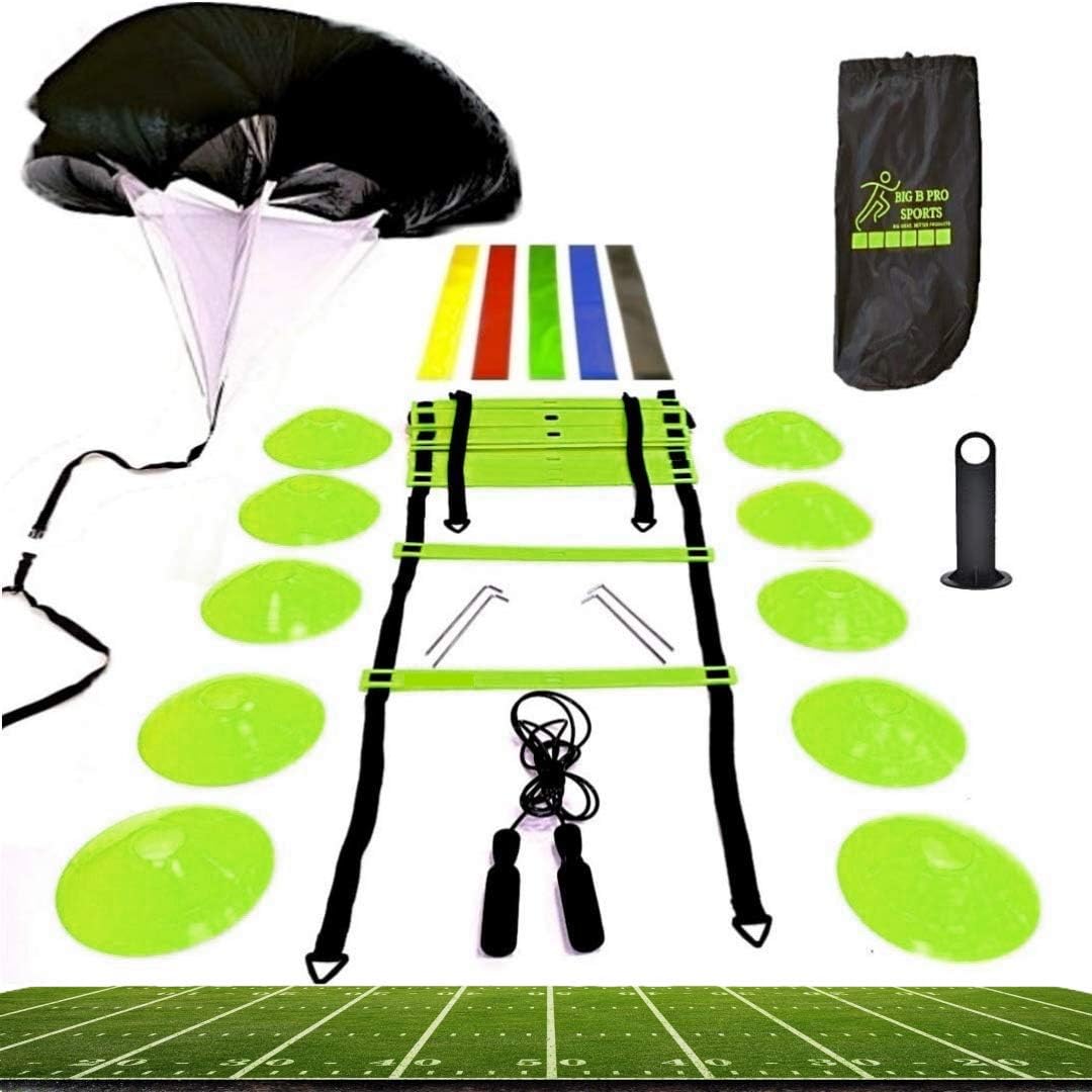 Big B Pro Sports Speed Agility Training Set - Includes Ladder, 10 Cones with Holder, Running Parachute, Jump Rope, Resistance Bands - for Training Football, Soccer, Hockey, and Basketball Athletes. : Sports & Outdoors