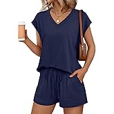 AUTOMET Women 2 Piece V Neck Matching Lounge Sets Clothing Spring Cap Sleeve Shirt and Shorts 2026 Summer Airport Outfit