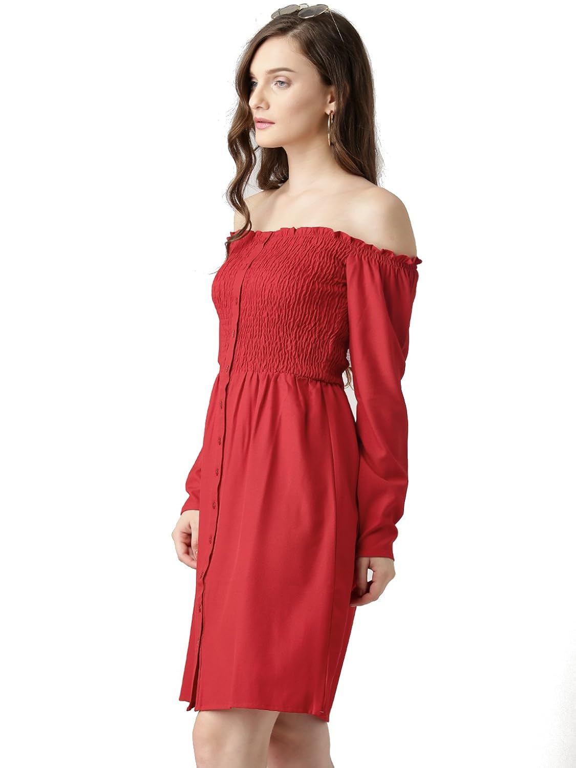 marie claire women red solid bardot dress (mc697)