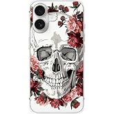 FancyCase Compatible with iPhone 16 Case (6.1inch)-Cool Skull Design with Retro Roses Pattern Flexible TPU Protective Clear Case (Skull Roses)