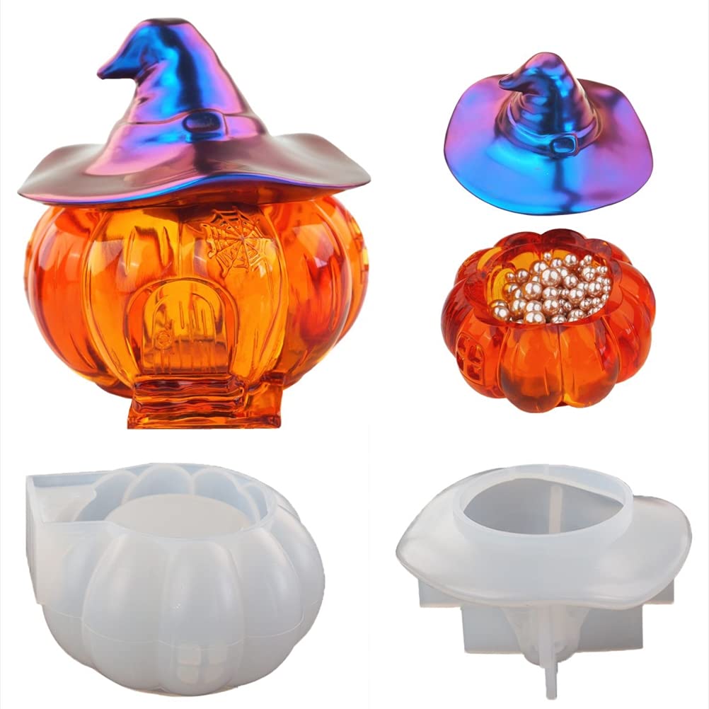 BSTCAR 2Pcs Pumpkin Elf Resin Moulds Silicone, Pumpkin Resin Moulds with Witch Hat for Making Resin Casting Crafts Decoration