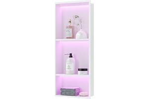 Neohomee 3-Tiers 12x30 Inch Wall Niche with RGB LED Light Strips, White Shower Niche Cabinet, Stainless Steel Bathroom Shelf, NO Tile Needed Recessed Storage Organizer Waterproof