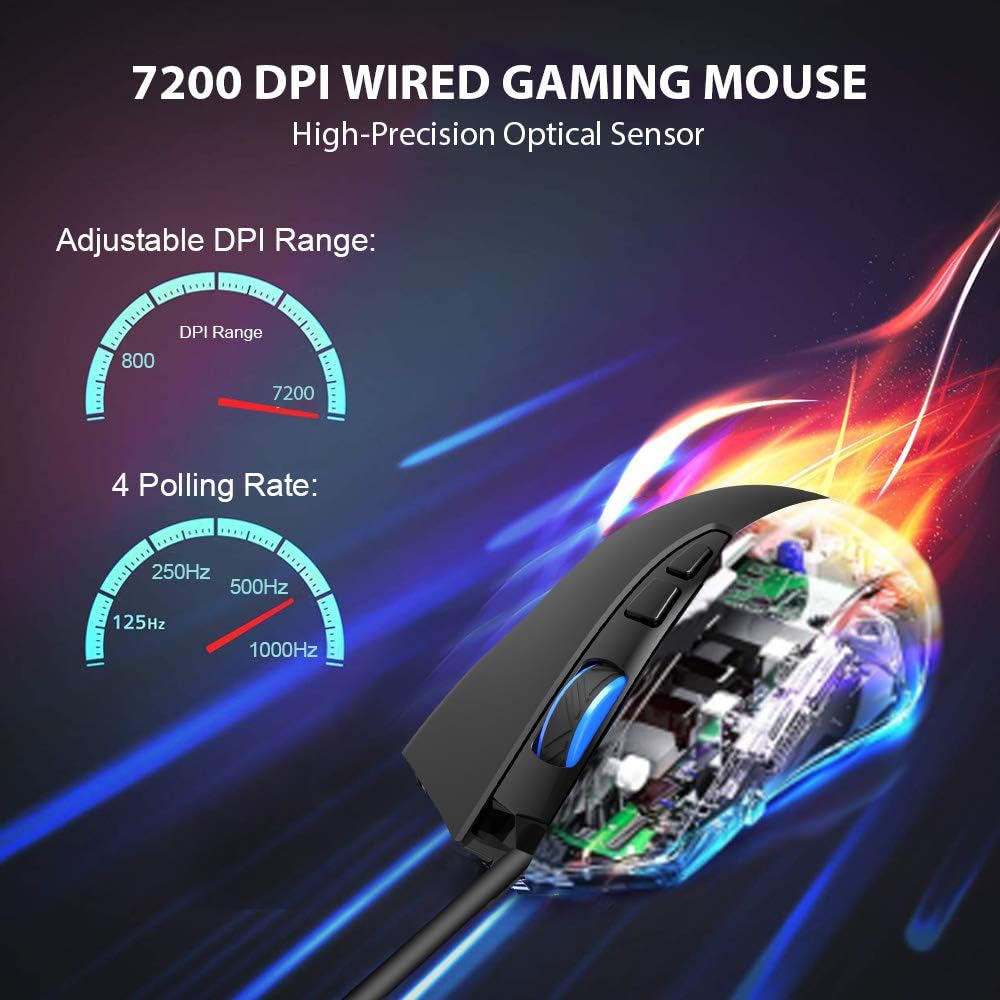 NPET M70 Wired Gaming Mouse, 7200 DPI, 7 Programmable Buttons, LED Backlit, Ergonomic Optical PC, Comfortable Computer Gaming Mice for Windows 7/8/10/XP Vista Linux, Black (M70 Wired Gaming Mouse): Electronics