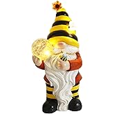 Ovewios Solar Garden Gnome Statue, Resin Bee Gnome Figurine with Flower and Crackle Glass Globe Lights for Outdoor Decor, Porch Patio Yard Decorations, Garden Gifts for Mom