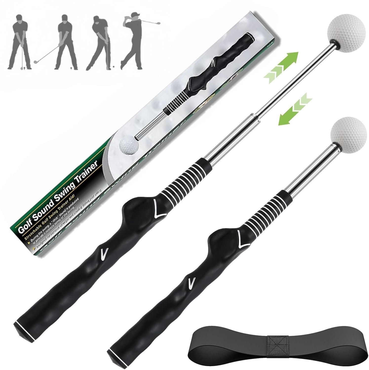 Photo 1 of Retractable Golf Swing Trainer, Golf Grip Trainer and Right-Handed Golf Training Aid for Chipping Hitting, Ideal Golf Swing Training Aid with Arm Band for Indoor & Outdoor Use(Black)