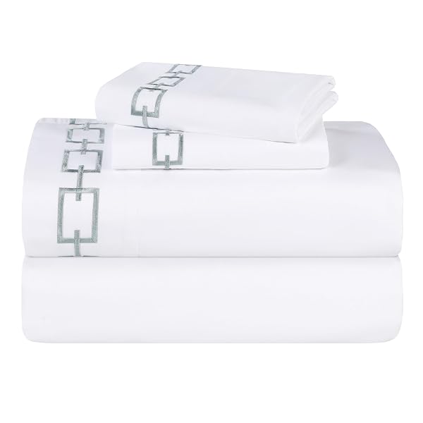 SUPERIOR EMBROIDERED COTTON BED SHEET SET, 1 ELASTIC DEEP POCKET FITTED SHEET, 1 FLAT SHEET, 1 PILLOWCASE, DAILY SOFT SHEETS, LUXURY, UNIQUE DESIGN, CHAIN LINKS COLLECTION, TWIN, WHITE-SILVER