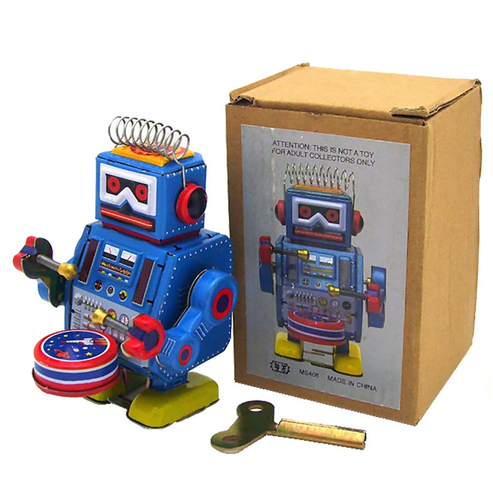 PYXEL STUDIO Ms408 Robot Drummer Retro Wind Up Tin Toy Clockwork Collectible Gift, Vintage Collectable Replica Gift, Perfect for Collectors Iron Nostalgia