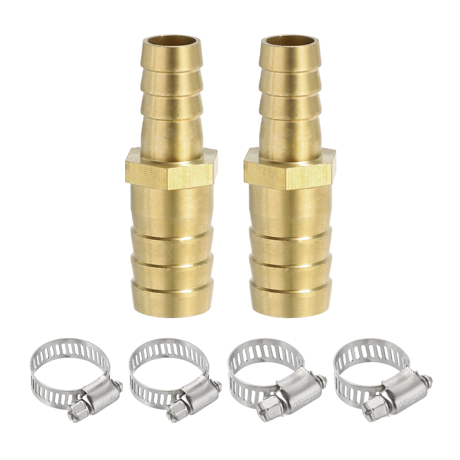 PATIKIL 1/2" to 5/8" Brass Hose Barb Reducer, 2Pcs Barbed Hose Fittings with 4 Stainless Steel Clamps Reducing Splicer Mender Union Adapter for Air Water Fuel