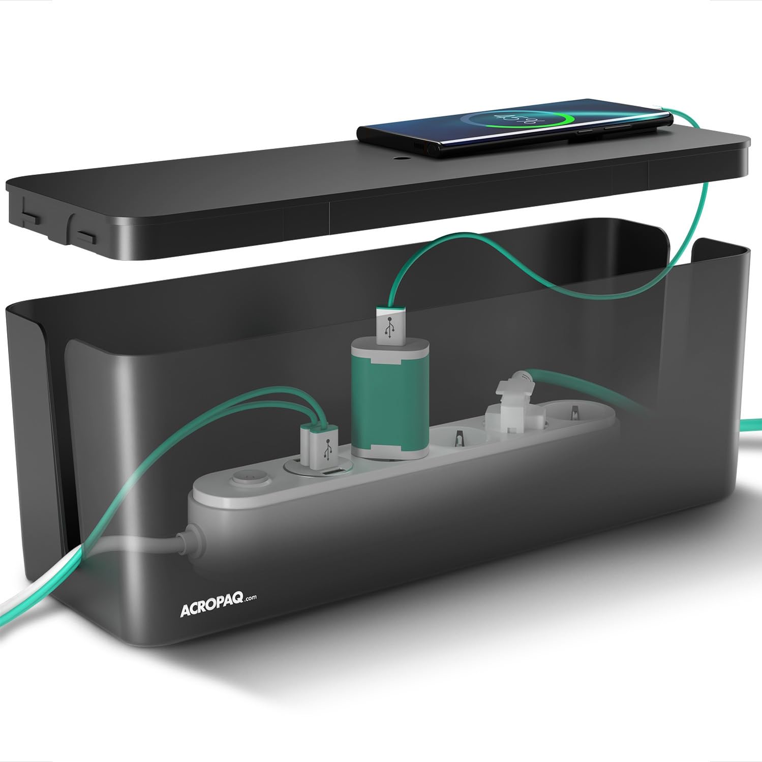 ACROPAQ Cable tidy box - Keep your cable tidy, Large (41 x 13 x 16 cm), Waterproof, Non-slip - Cable management box, Cable box, Extension lead cover box, Cable box tidy - Black/Large — image 1