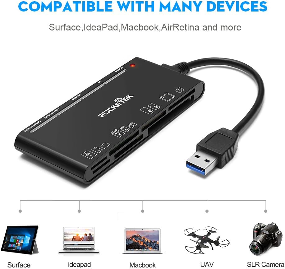 Rocketek USB 3.0 Memory Card Reader/Writer for CF Card, xD Card, SD Card, Micro SD Card, MS Card, with a 13cm USB Cable design - 5 cards read simultaneously: Computers & Accessories