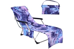 JVJQ Microfiber Beach Chair Cover with Storage Pockets, Water Resistant Blue Tie-Dye