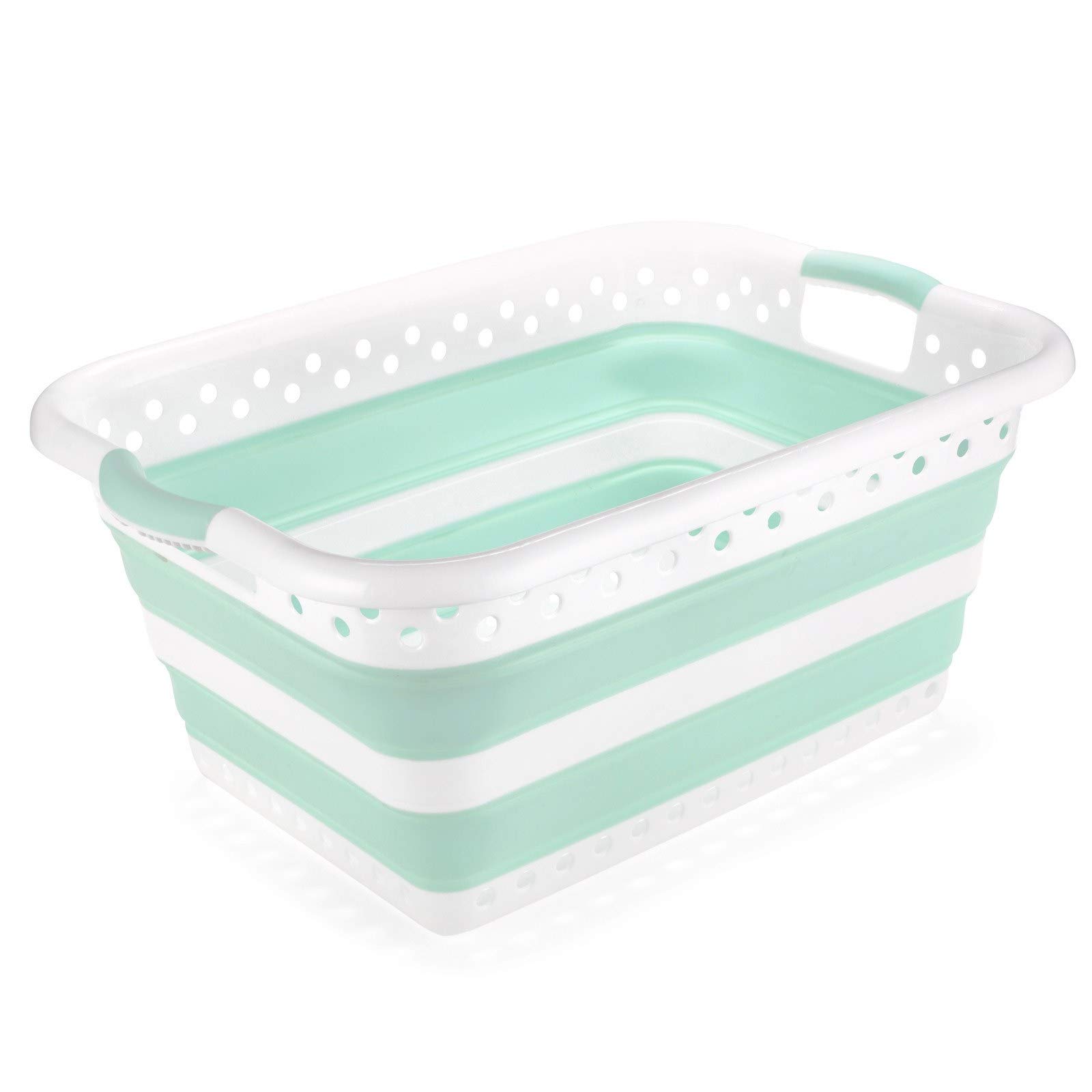 Addis 517934 Foldable Rectangular Laundry Basket, White & Aqua Haze, 45 litre