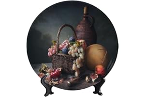LIGUTARS Still Life Fruit Decorative Ceramic Plate, Grapes and Pomegranates Decorative Plate, with Vertical Stand Art Porcelain Plate, Fit for Bedroom Living Room Bathroom Wall Hanging Decor