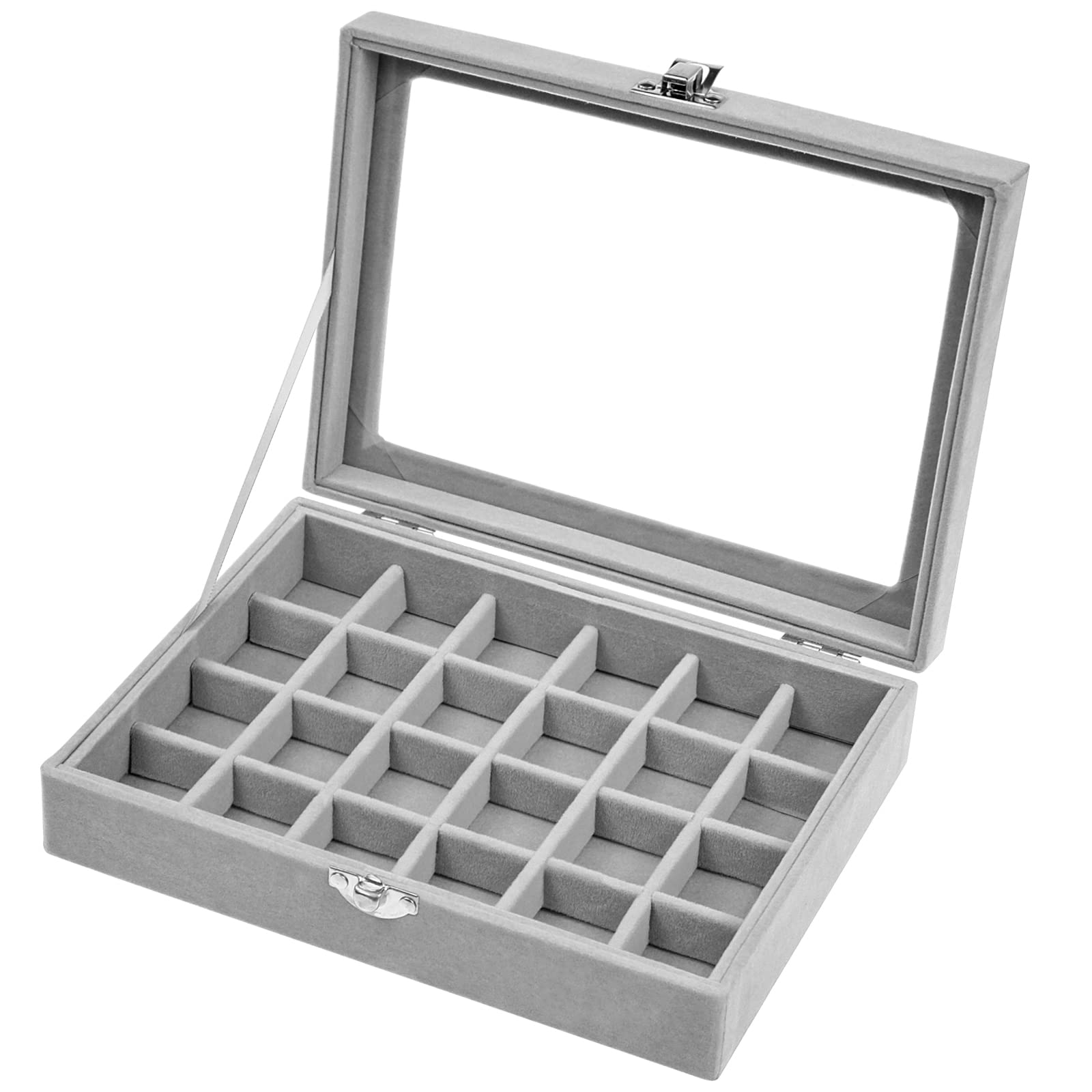 LTHERMELK 24 Grids Velvet Glass Jewellery Ring Display Organiser Box Grey Velvet Jewellery Box Adjustable Storage Grids With Glass Lid for Ring Earring Necklace Bracelets