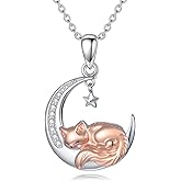 Diamond Cat Necklace for Women 925 Sterling Silver Sleeping Animal and Moon Pendant with Lab Grown Diamonds Lovely Animal Jewelry Gifts