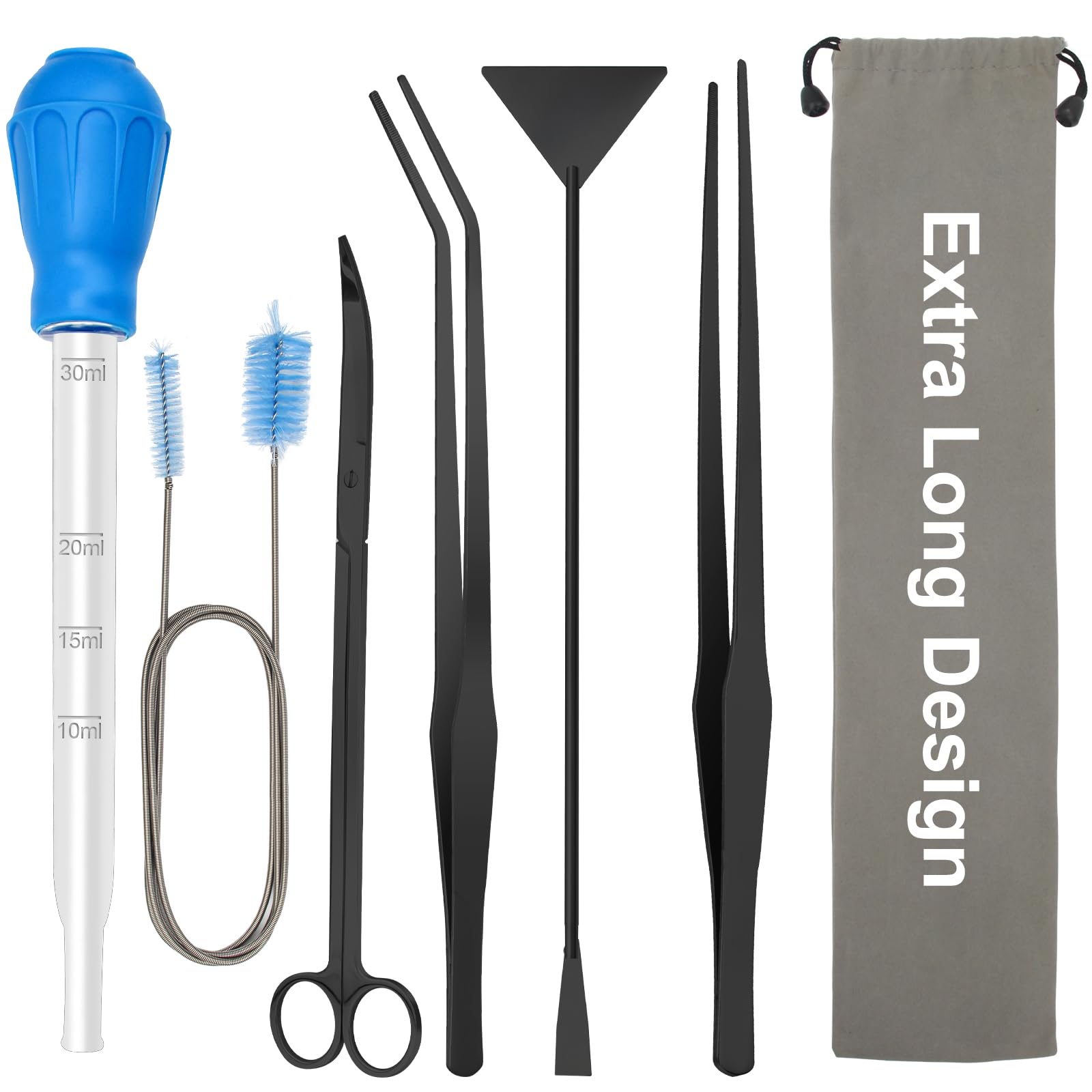 38cm Extra Long Aquarium Aquascape Kits, Coolrunner 6 in 1 Aquatic Plant Aquascaping Tool Stainless Steel Tweezers Scissors Spatula for Aquarium Tank Clean Fish Tank Aquascape Tools (Black)