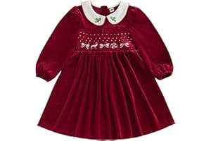 Motlapol Toddler Girl Velvet Christmas Dress Reindeer Embroidery Peter Pan Collar Long Sleeve Smocked Dress Holiday Clothes